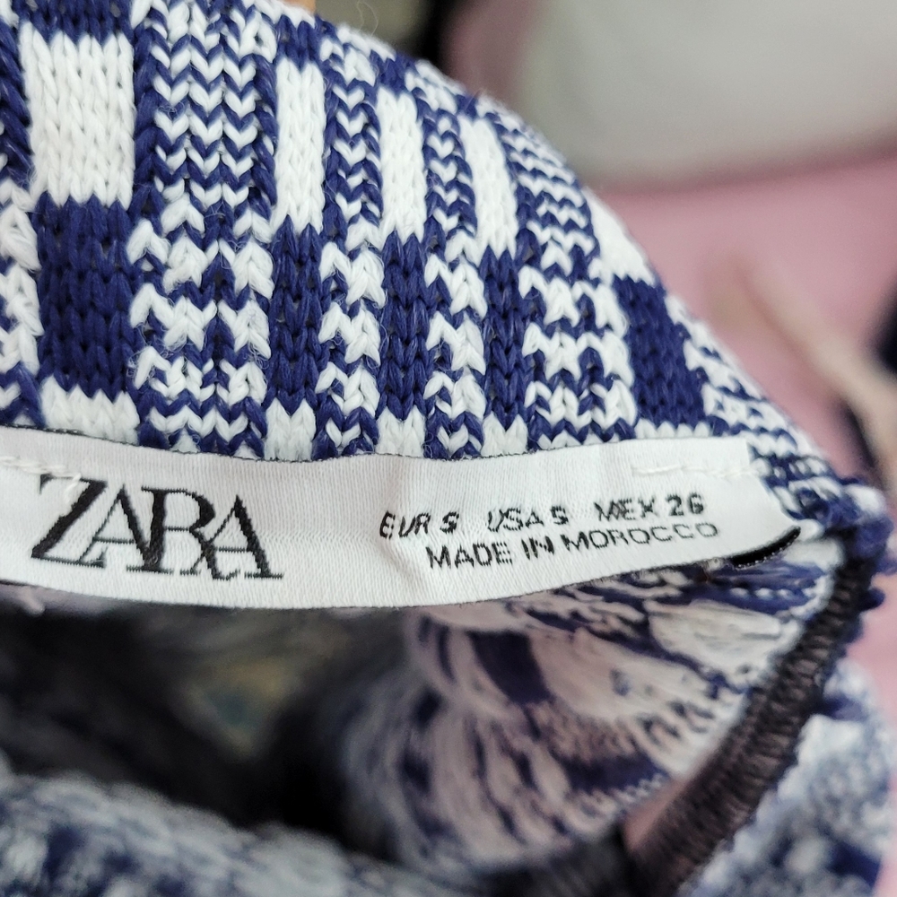 Zara Woman's Tweed Mini Skirt with Fringe Stretch Navy White Check Size Small - Picture 3 of 4